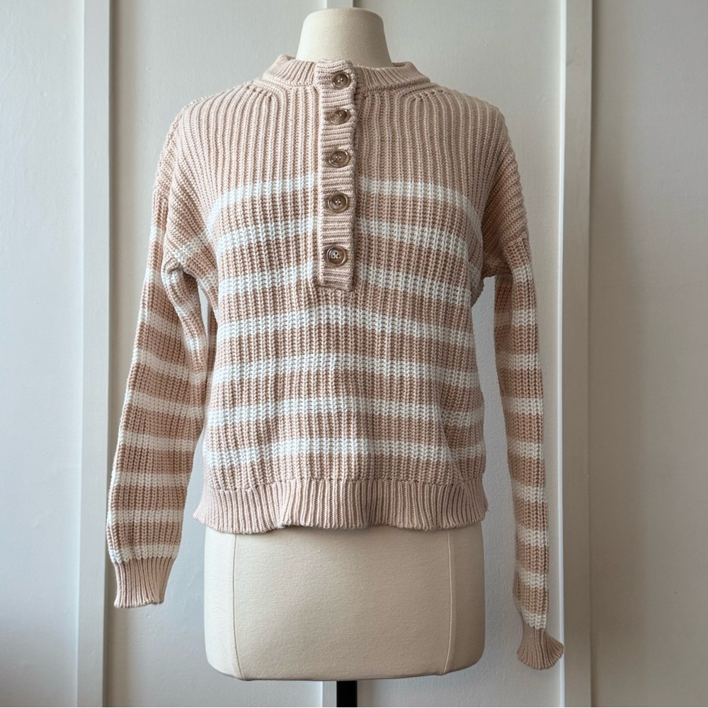 Elie Tahari Blush & Cream Striped Cashmere‎ Blend Button-Neck Sweater | Medium